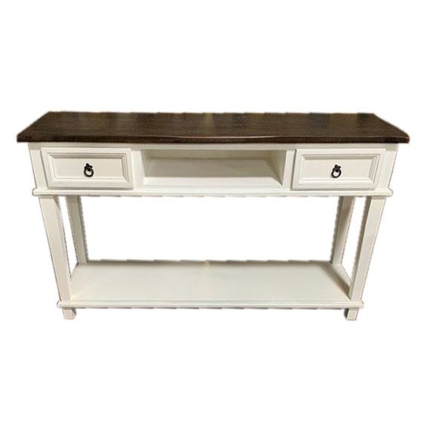 Picture of RUSTIC ENTERTAINMENT CONSOLE ANTIQUE WHITE/COFFEE TOP - WO48