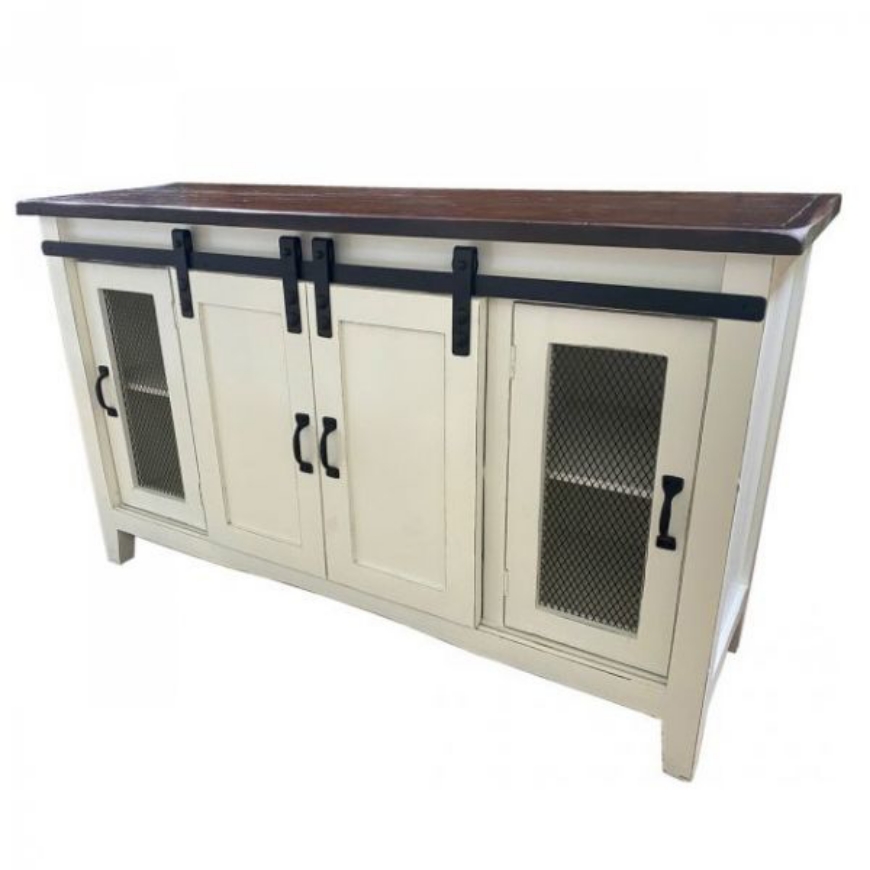 Picture of RUSTIC ENTERTAINMENT CONSOLE ANTIQUE WHITE/COFFEE TOP - WO74