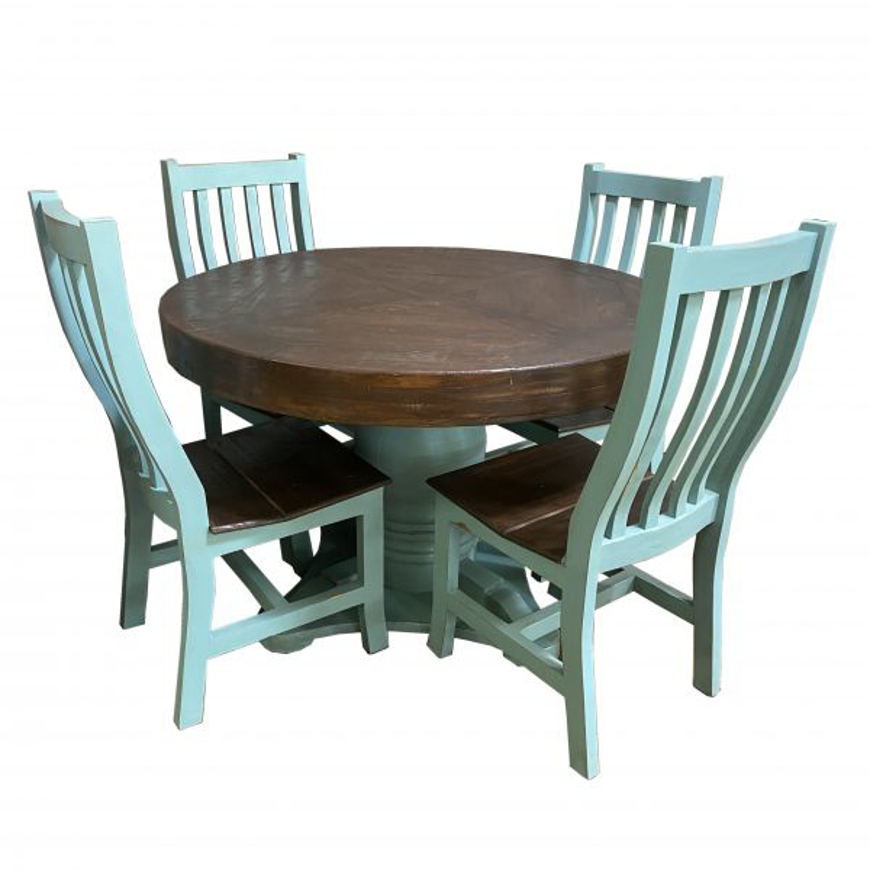 Picture of RUSTIC ANTIQUE TURQUOISE  ROUND TABLE AND 4 CHAIRS - TE140