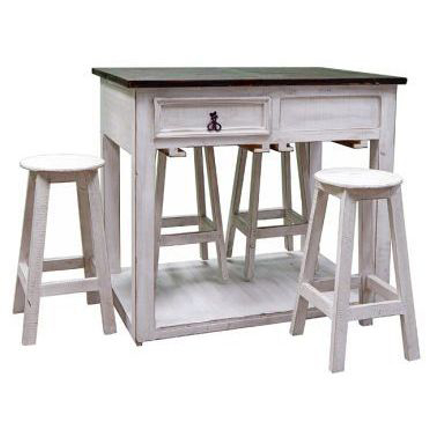 Picture of RUSTIC ISLAND WITH STOOLS WEATHERED WHITE WITH RECLAIMED BROWN TOP - MD621