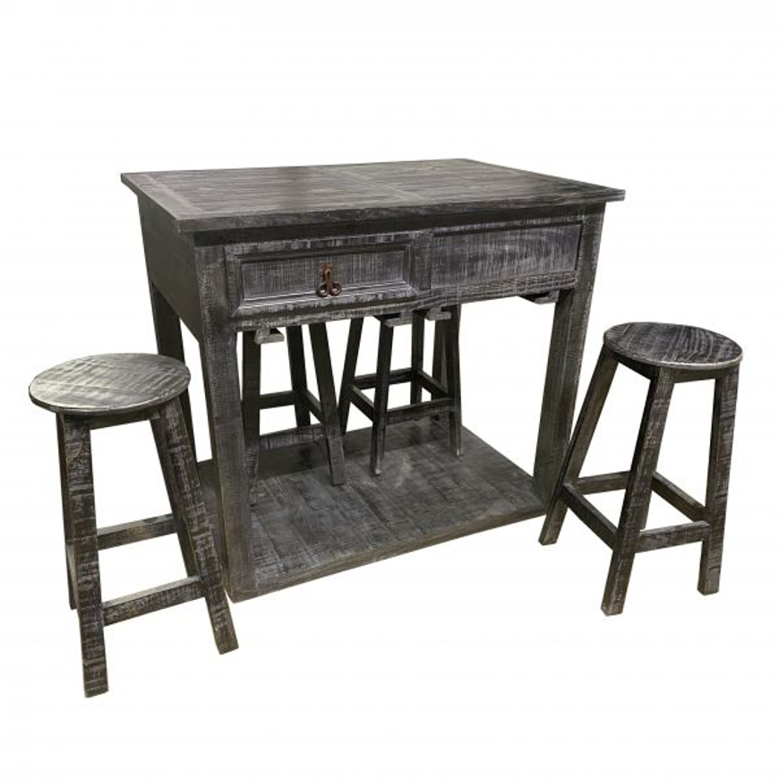 Picture of RUSTIC CHARCOAL GRAY ISLAND WITH STOOLS - MD632