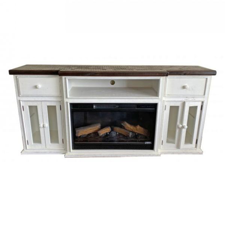 Picture of RUSTIC FIREPLACE ENTERTAINMENT CONSOLE WEATHERED WHITE/BROWN TOP - MD1017